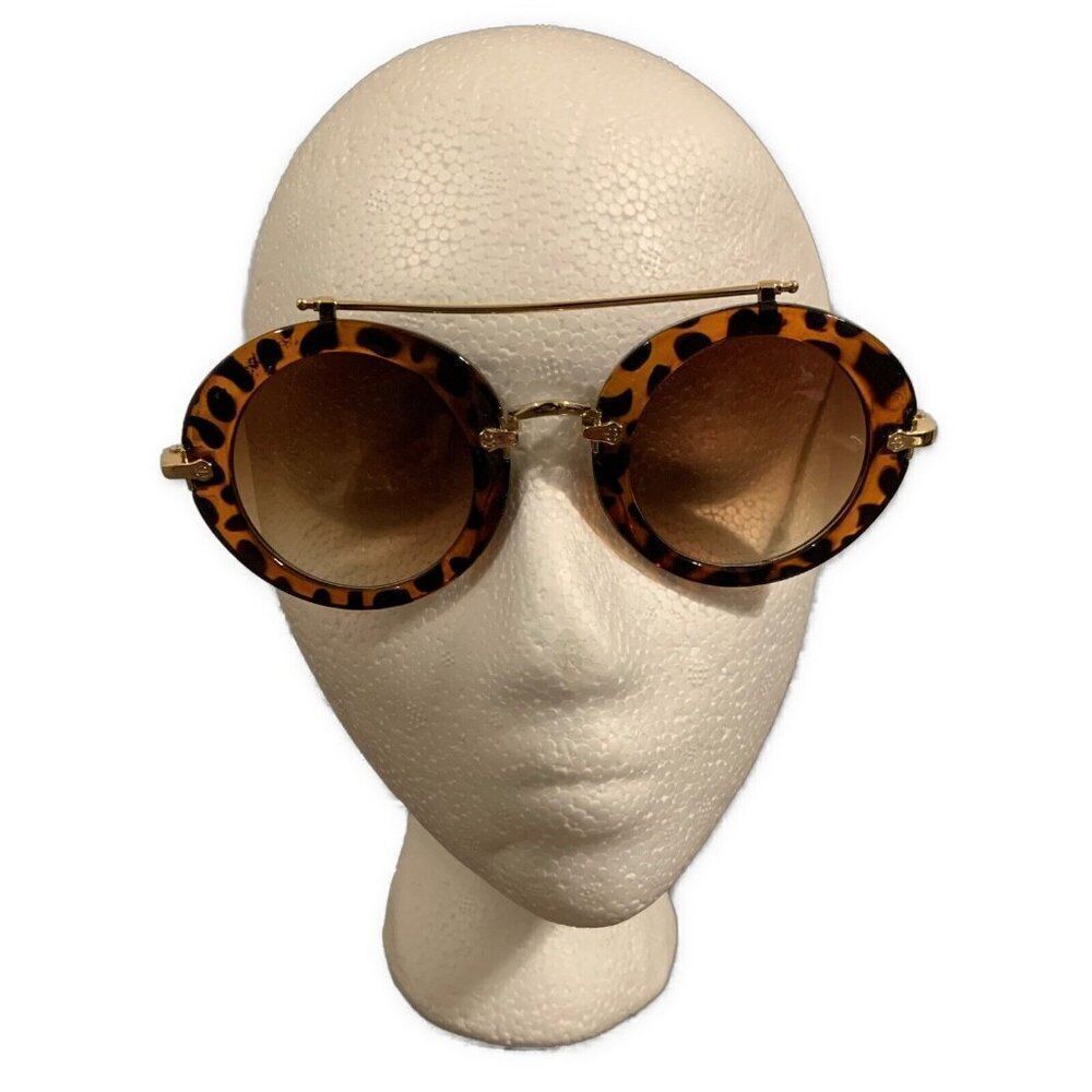 Italy Design Brown Black Leopard Print Round Aviator Brow Bar Sunglasses #50